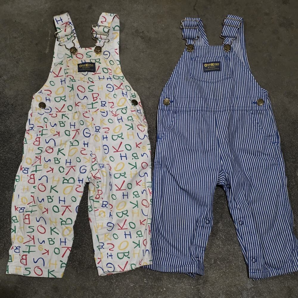 Vtg Osh Kosh B’Gosh Baby Overalls Vestbak Alphabet White Striped Blue 24 Months